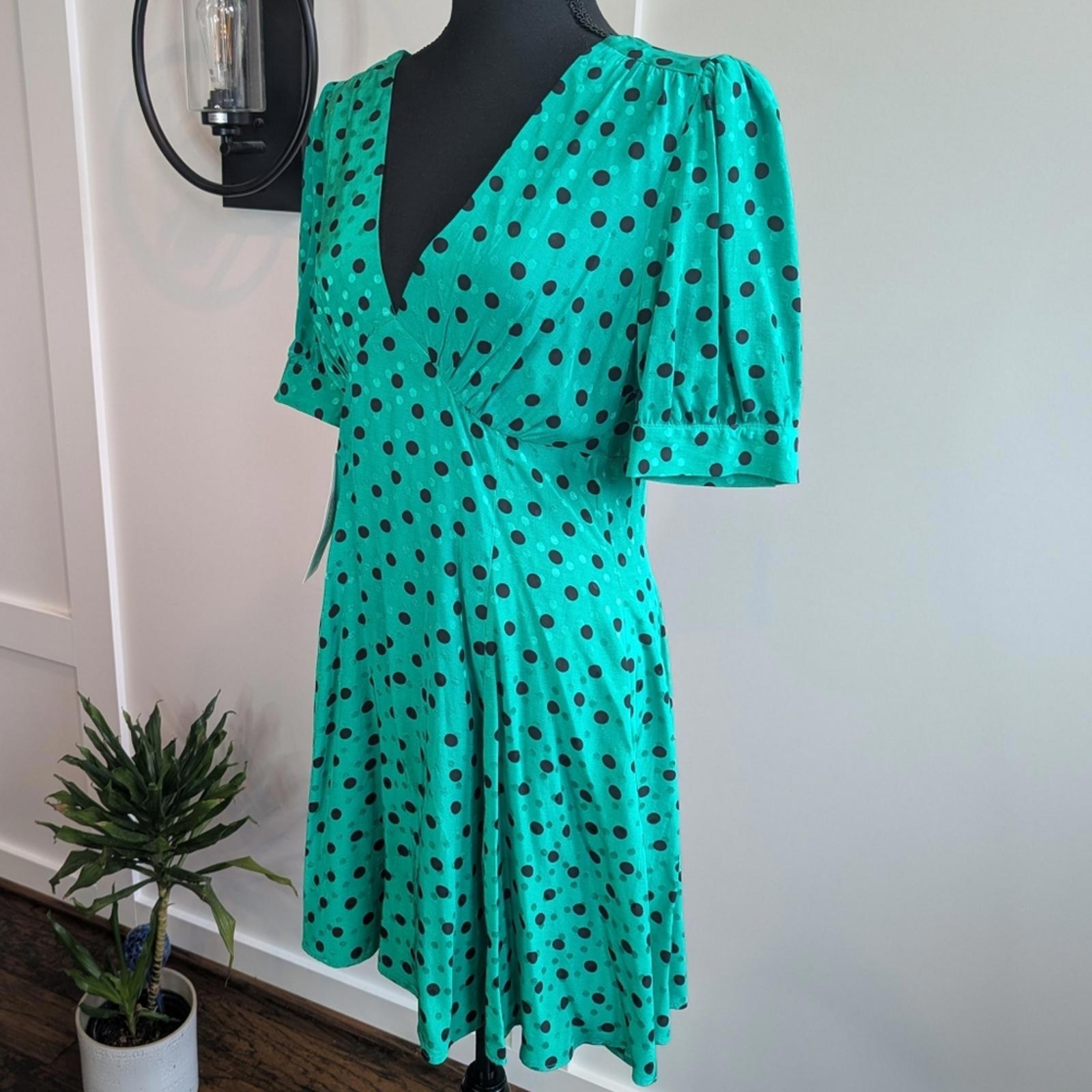 Topshop Green Black Polka Dot Puff Sleeve Dress Size 8 Side Zipper
